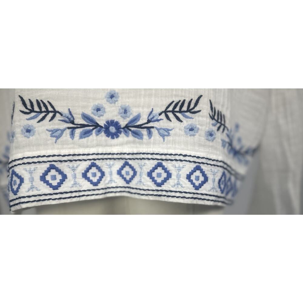 J JILL Gauzy White Open Front Cardigan Blue Embroidery S Floral  Boho Beachy - Picture 8 of 16